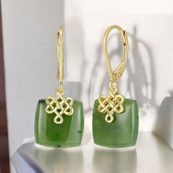 Dynasty Jade ✦ Nephrite Jade Drop Earrings ✦ 18k Gold Over Sterling Silver NWT - Picture 11 of 17